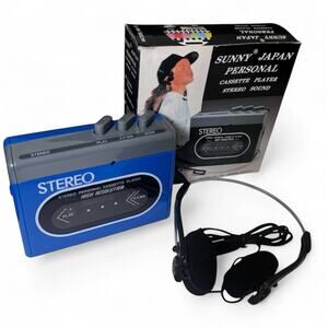 Vintage 1980s Sunny Japan Personal Cassette Player Blue Walkman Style W/ Box